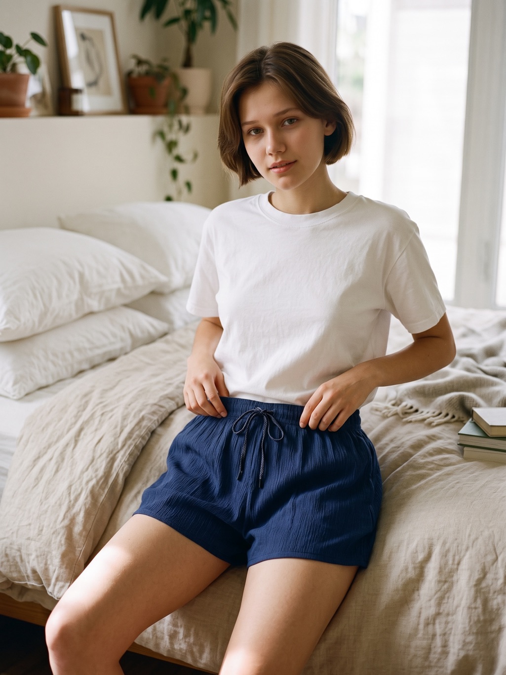 Nwt New Zara Textured Navy High-Waist Drawstring Shorts Size 10